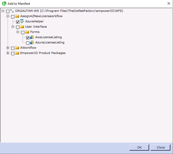 Add to manifest dialog