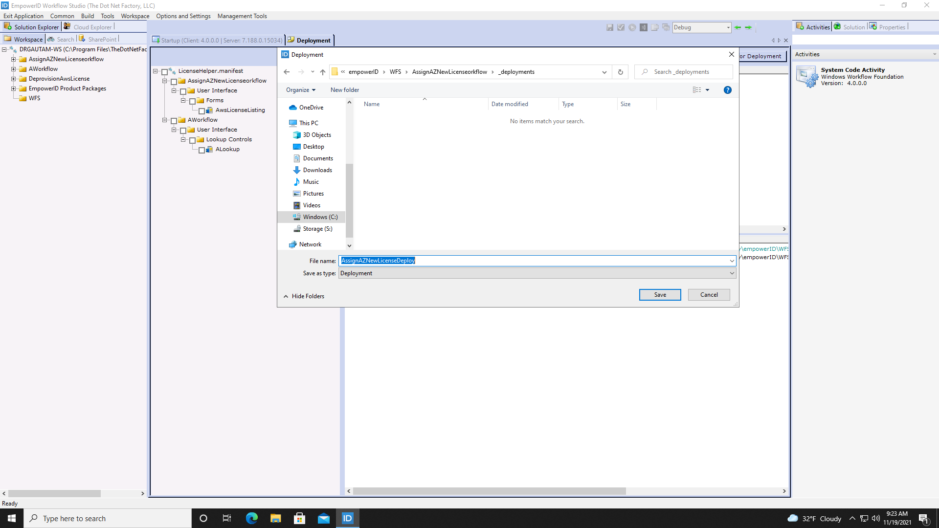 Save deployment file dialog