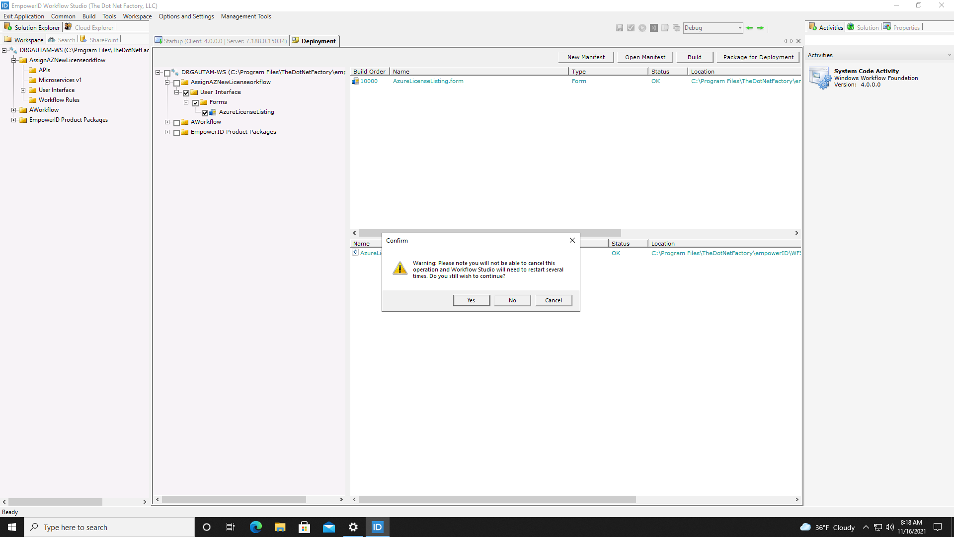 Deployment confirmation dialog