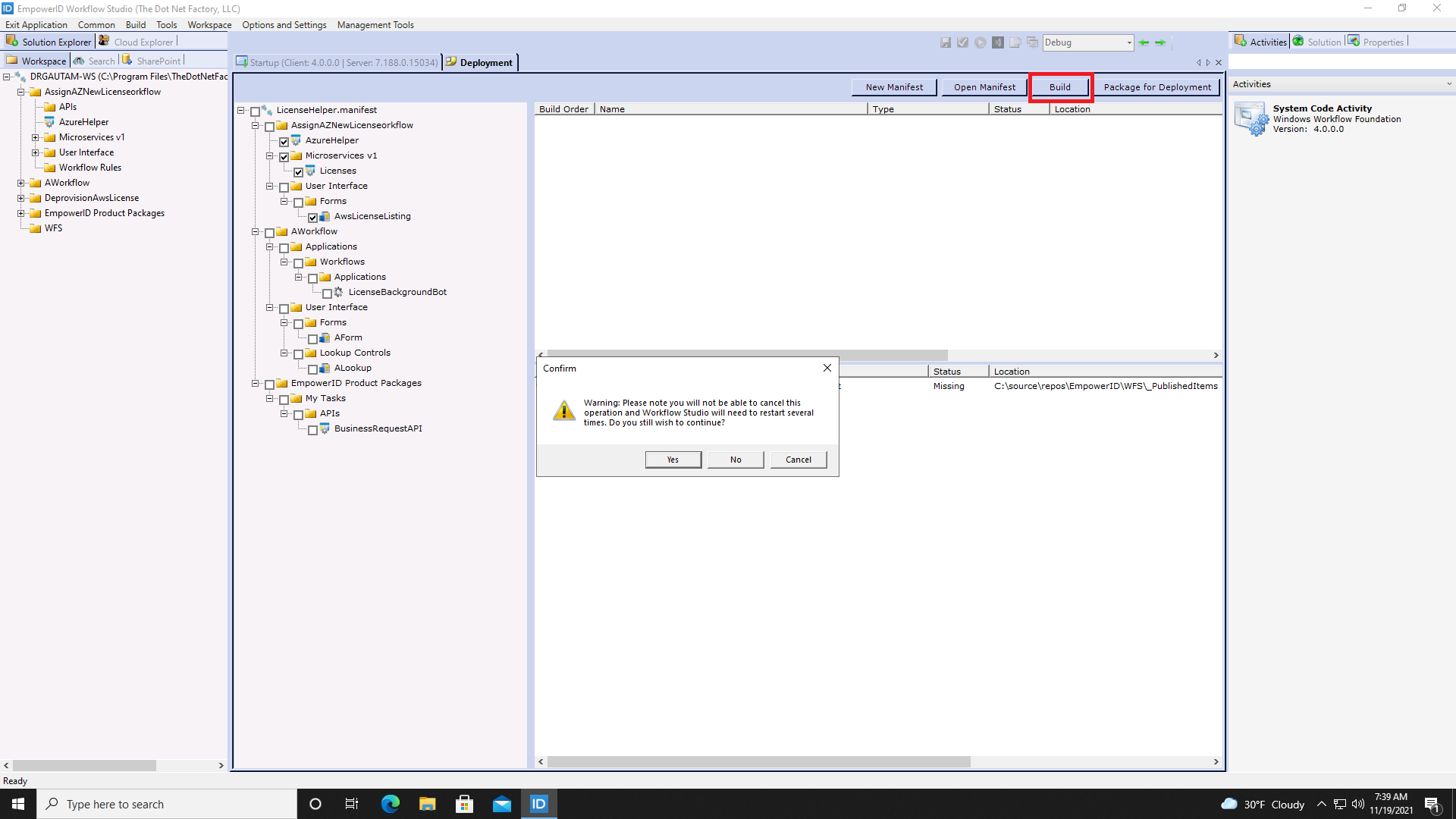 Build warning dialog