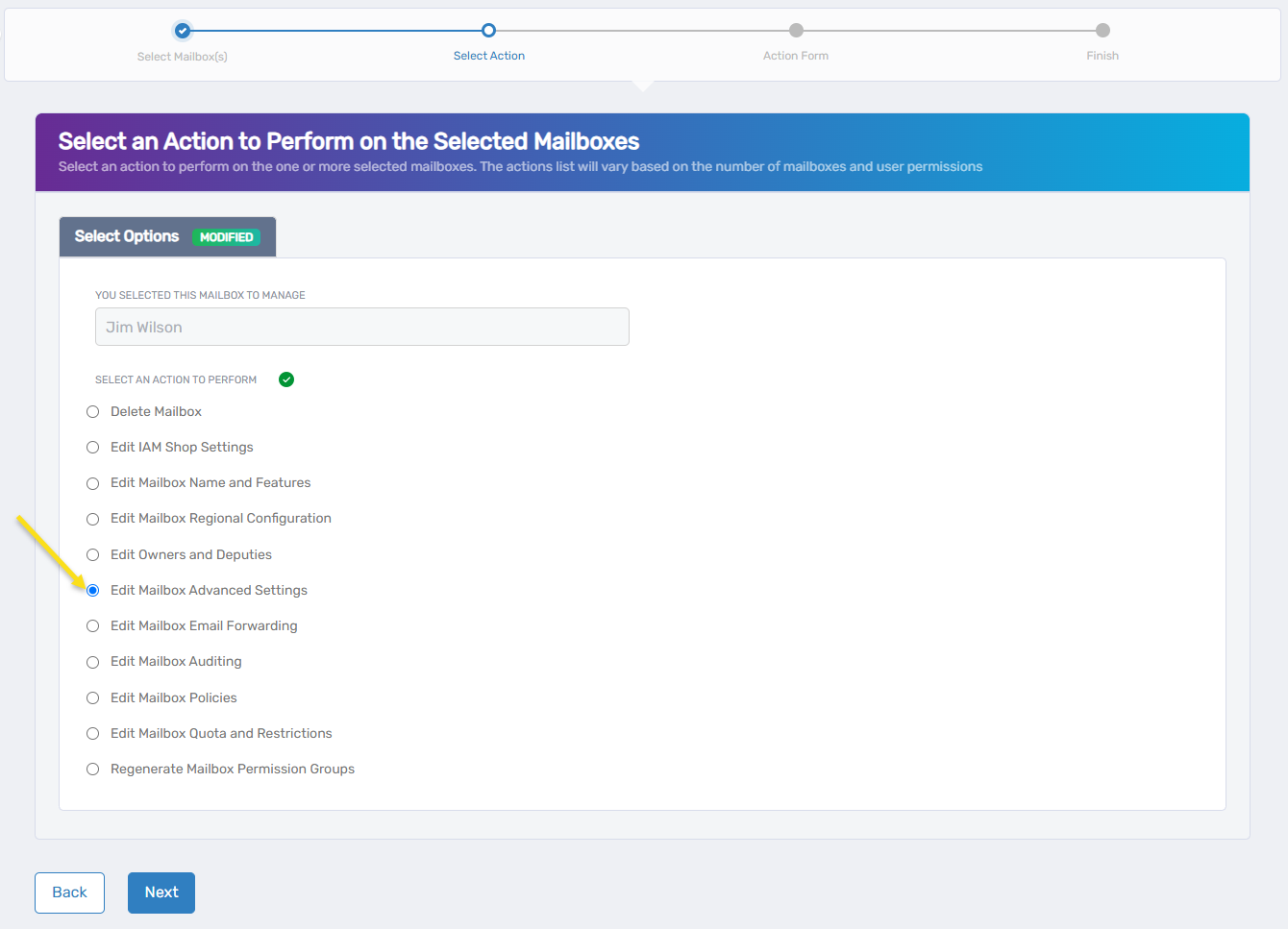 Select Edit Mailbox Advanced Settings action