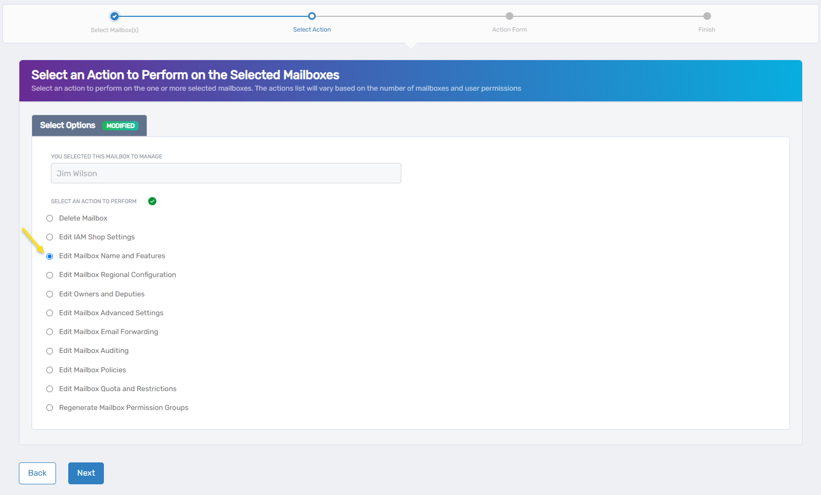 Select Edit Mailbox Name and Features action