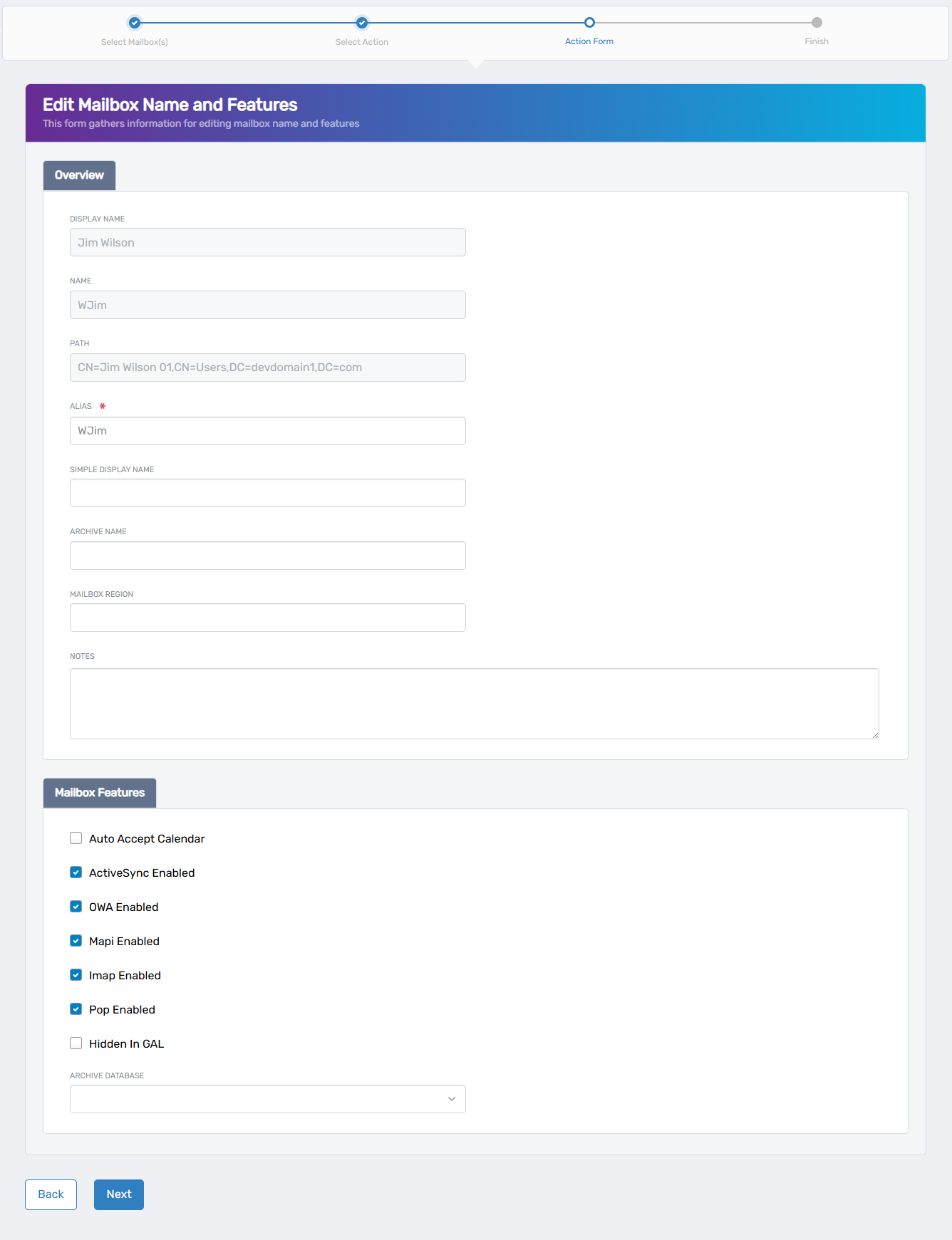 Edit Mailbox Name and Features form