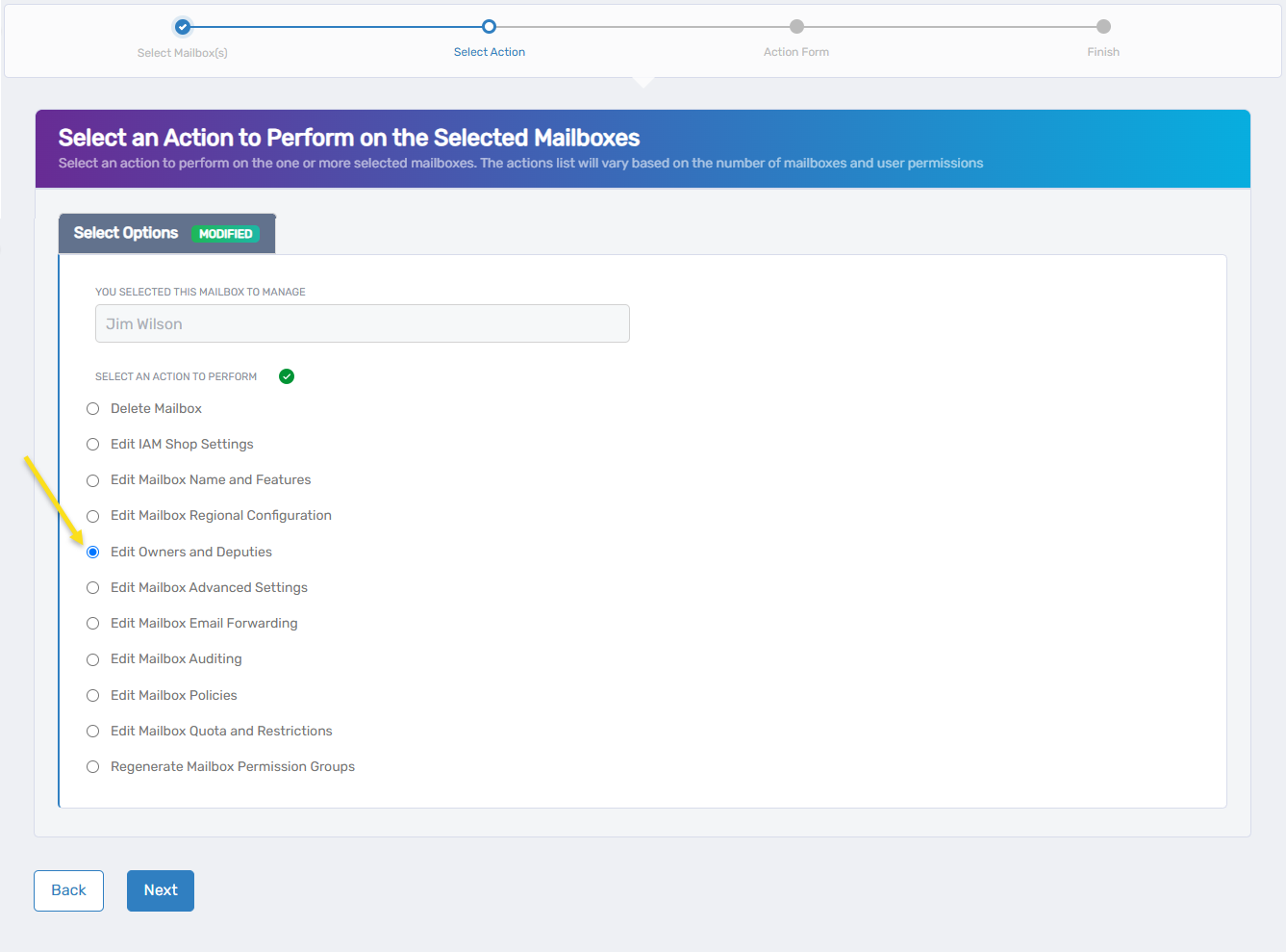 Select Edit Mailbox Name and Features action