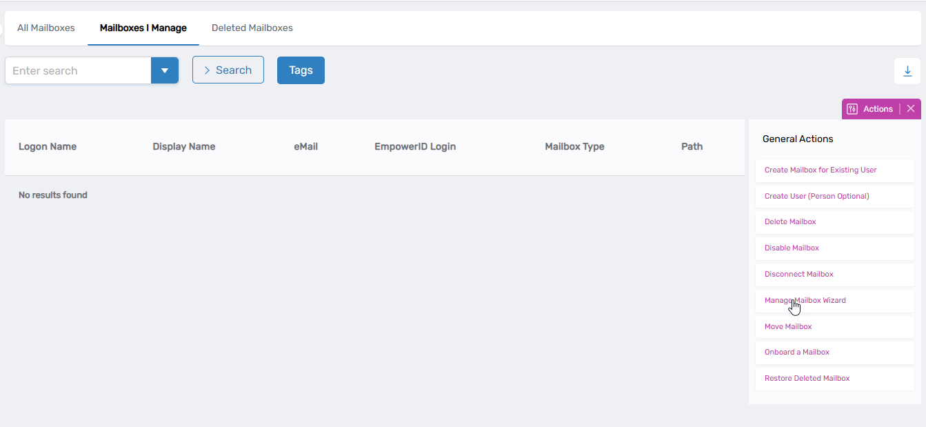 Manage Mailbox Wizard Action