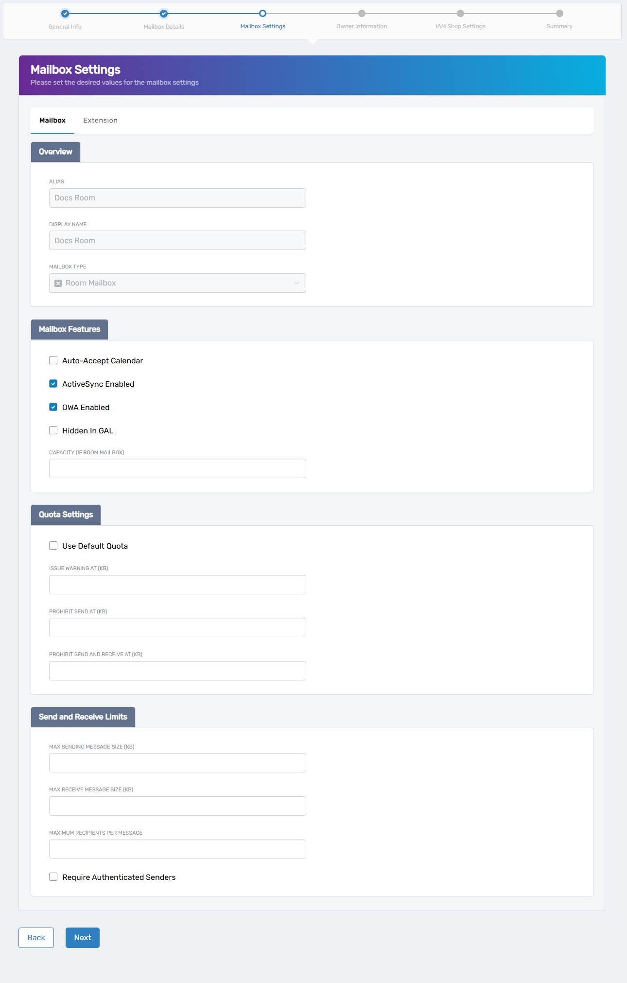 Mailbox Settings Screen