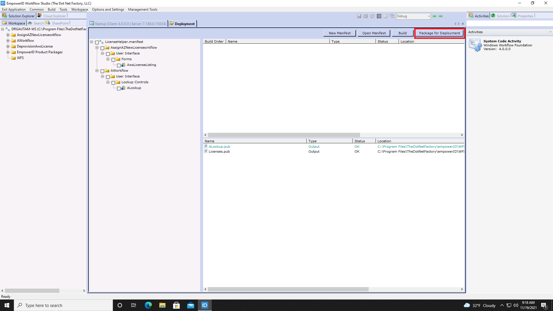 Package for Deployment button