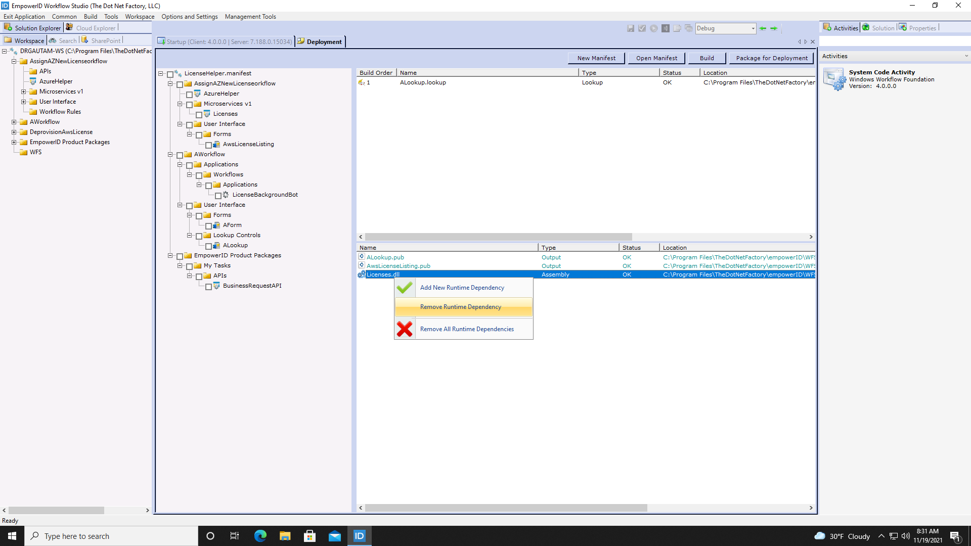 Remove runtime dependency menu