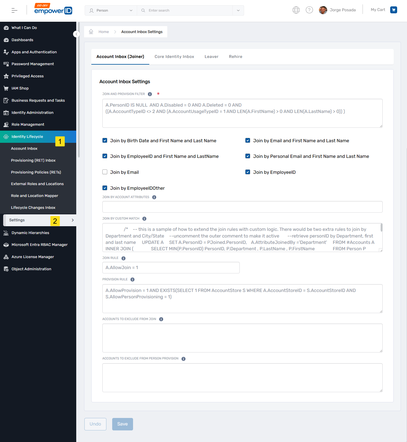 Account Inbox settings form