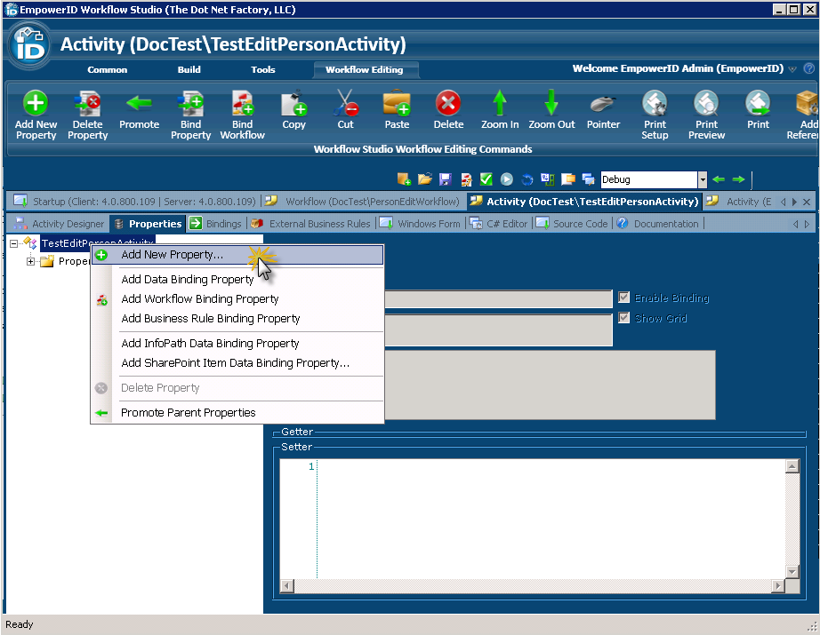 Activity add new property context menu