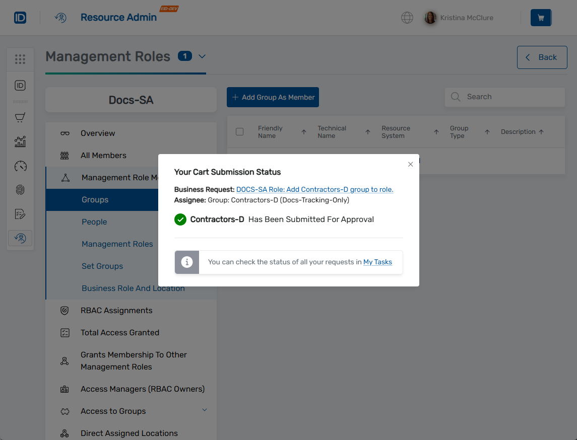 Add Group to Management Role Status Modal