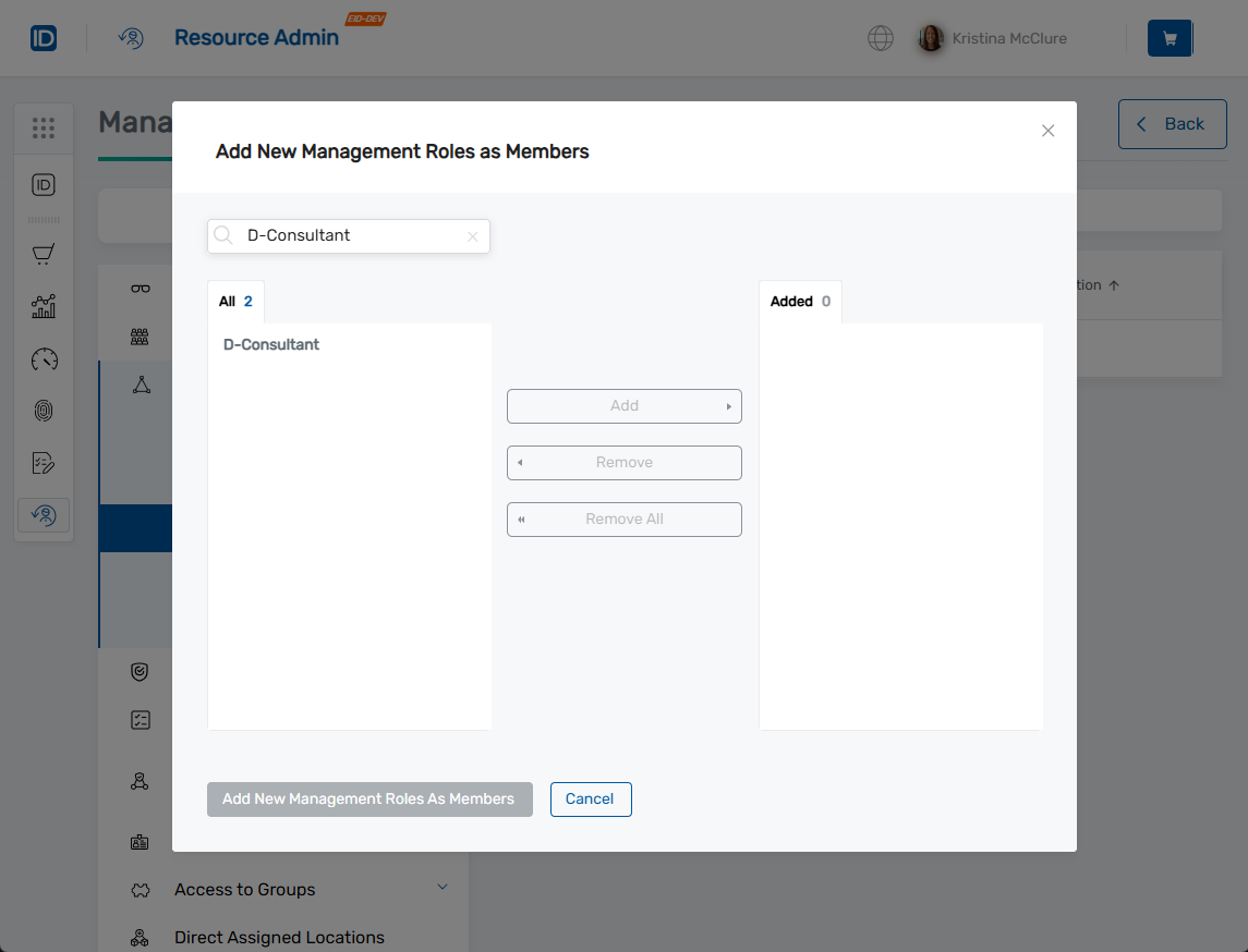 Add Management Role Search Modal