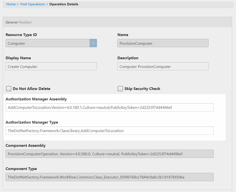 Create computer operation details custom authorization manager fields filled