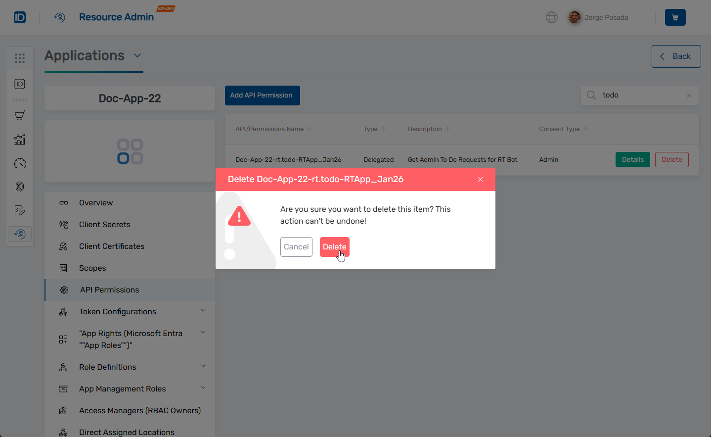 Delete API Permission Confirmation