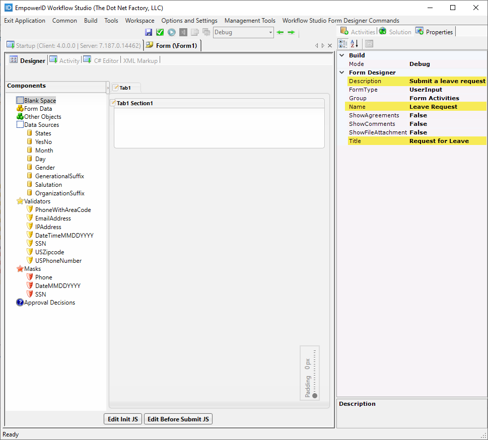 Form properties configuration
