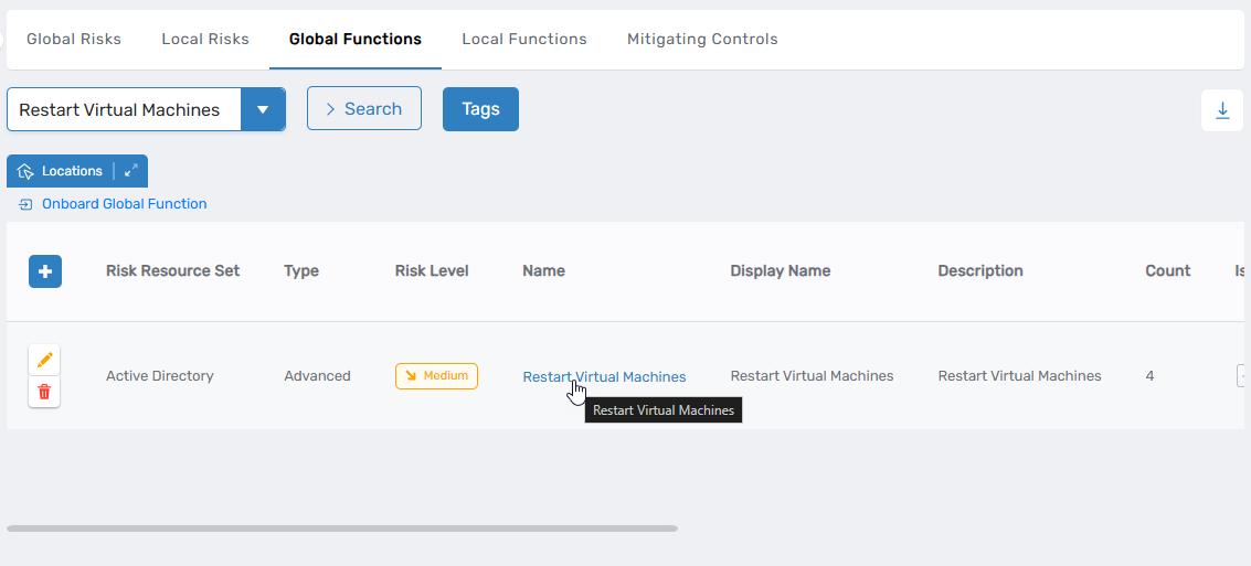Global Functions list showing Name link