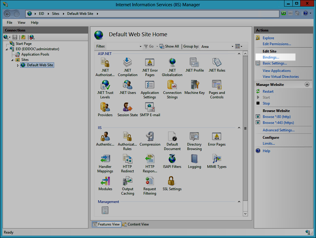 Site Bindings action
