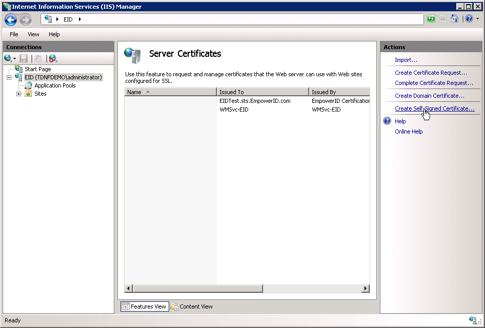 Create Self-Signed Certificate action