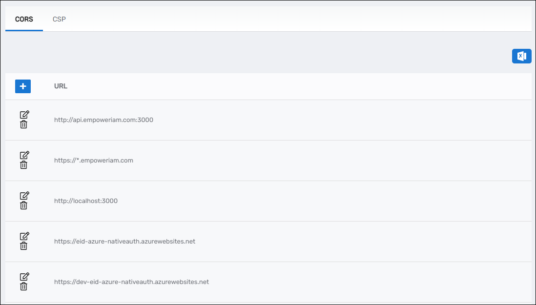 Security page with CORS and CSP tabs