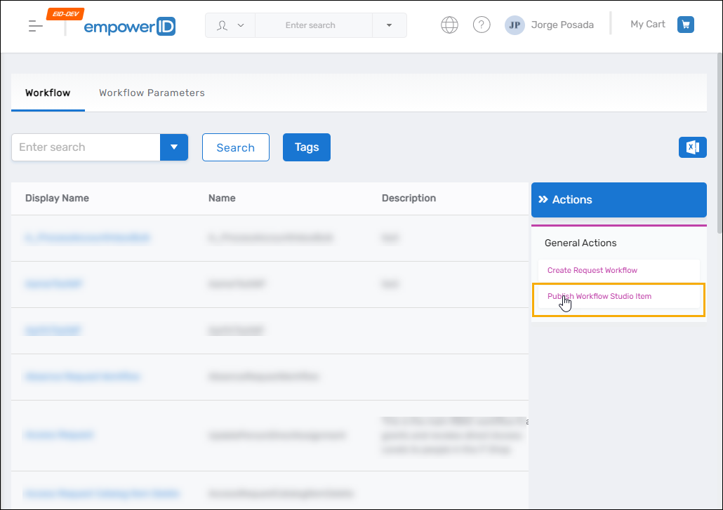 Publish Workflow Studio Item action