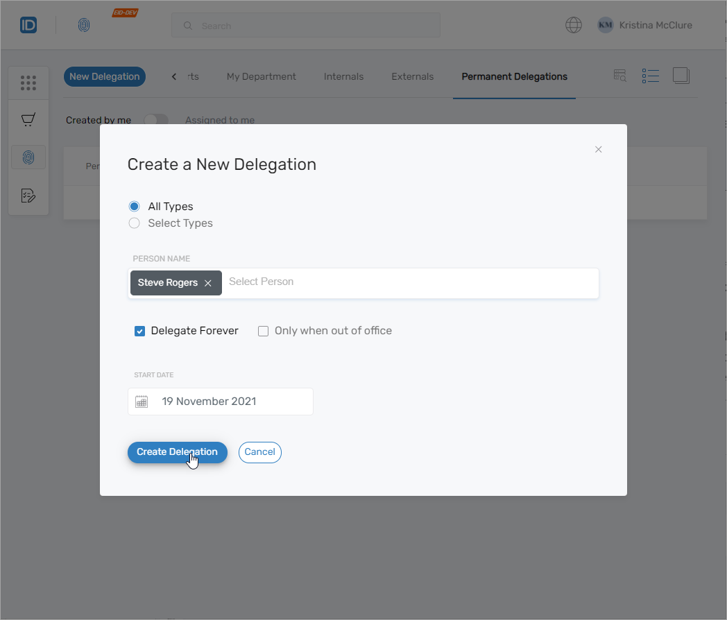 Create Delegation Button