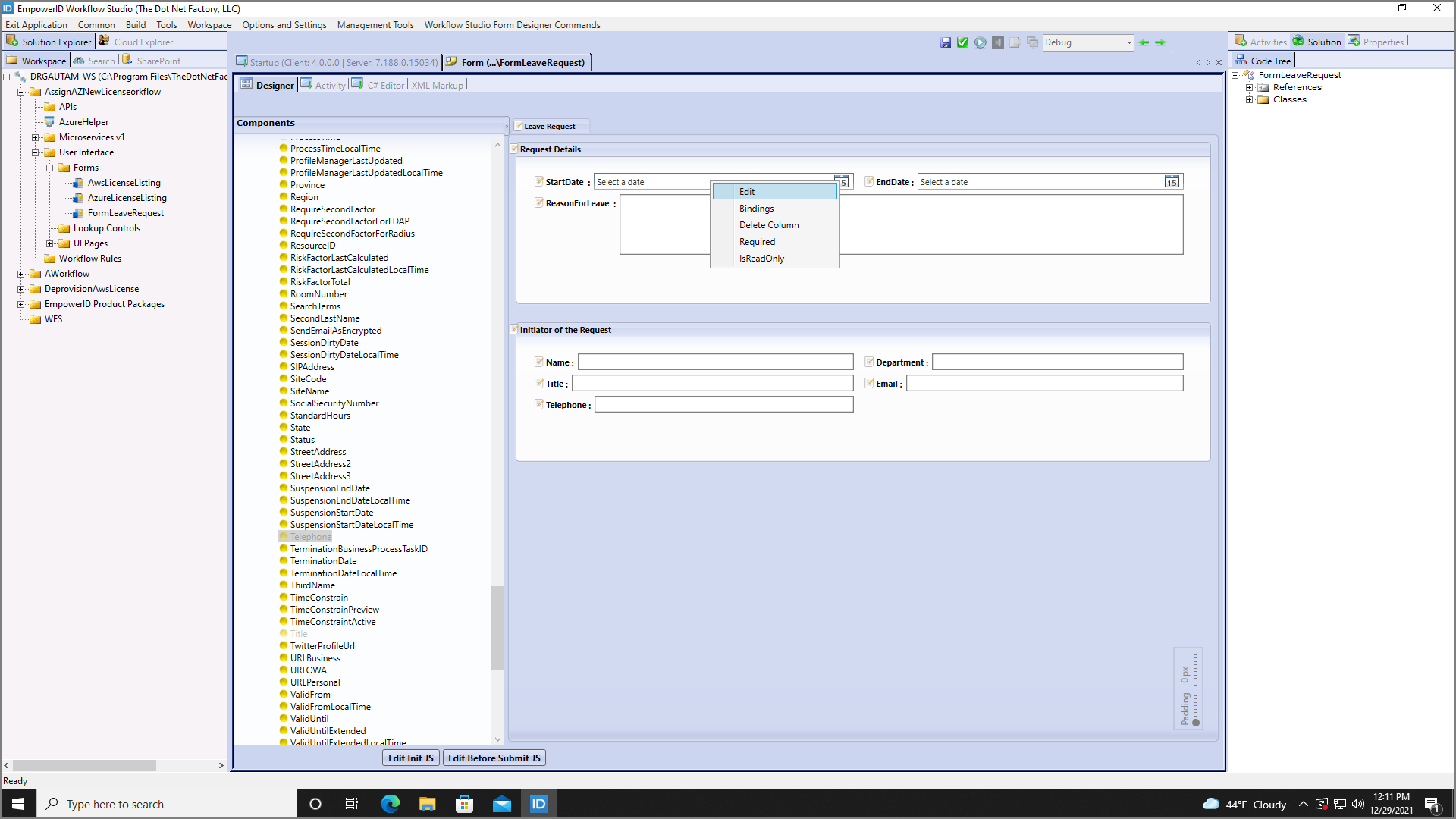 Edit field context menu