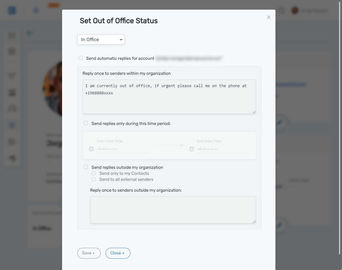 Set Out of Office Status Dialog