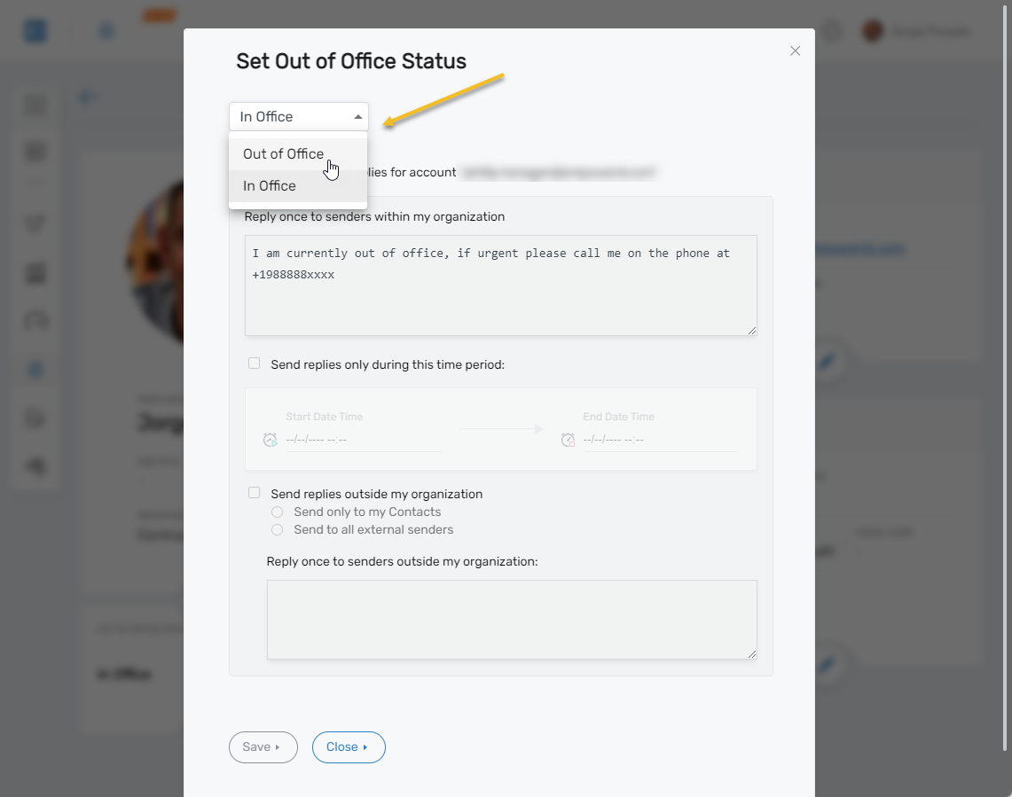 Select Out of Office Status