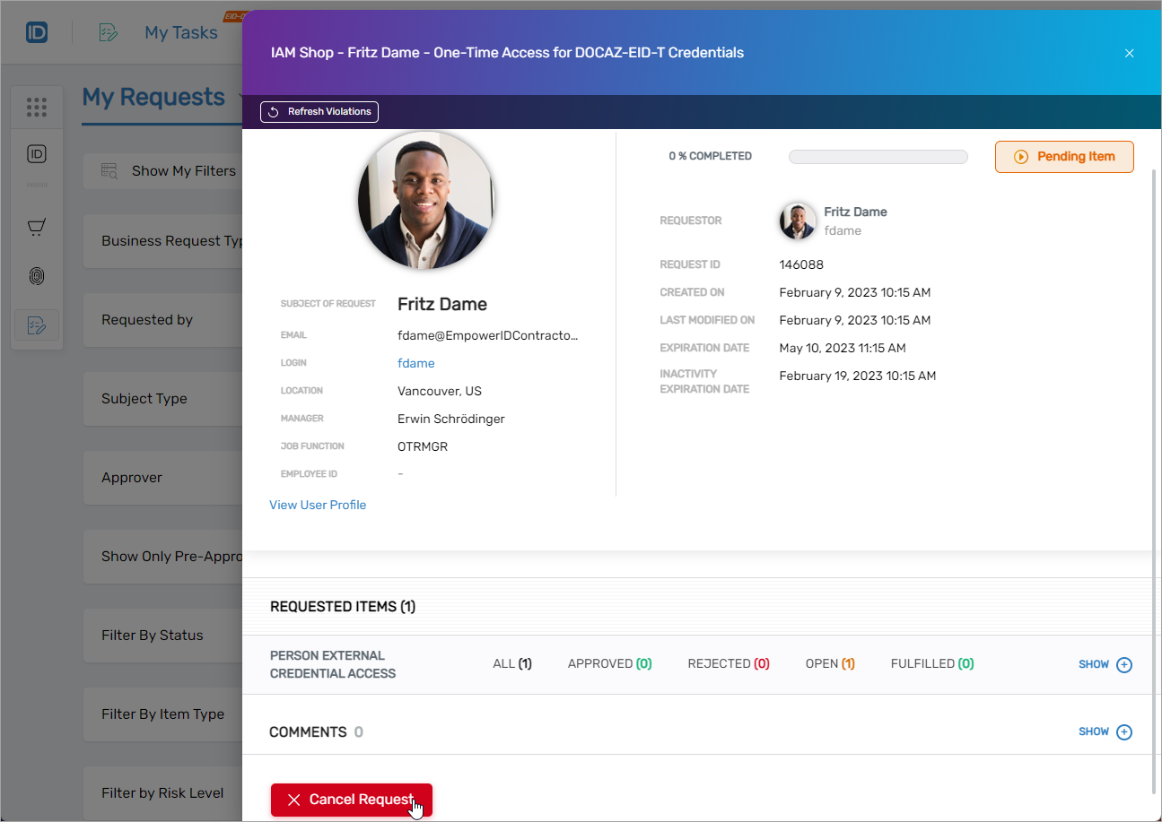 Cancel Request Button