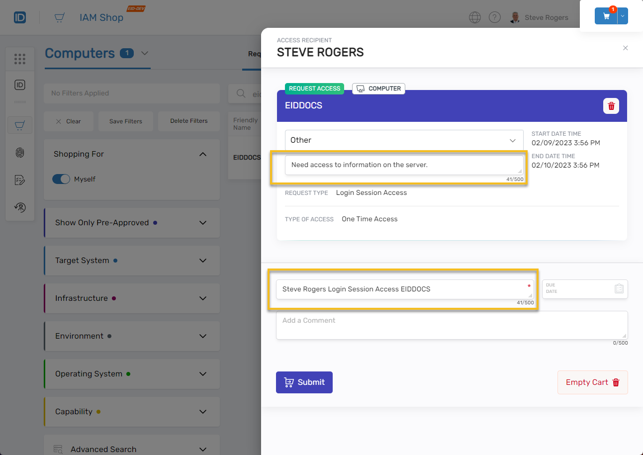 Add comment and business request name