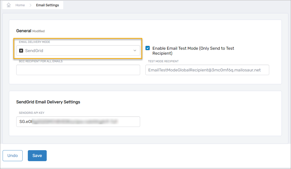 SendGrid API Key field