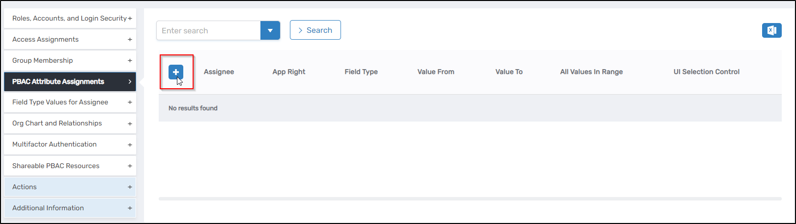 Add button in PBAC Attribute Assignment section