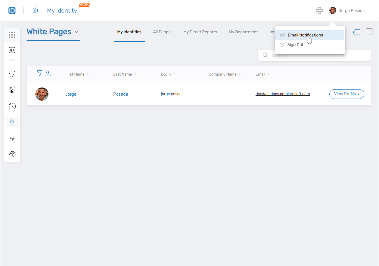 Email Notifications Menu
