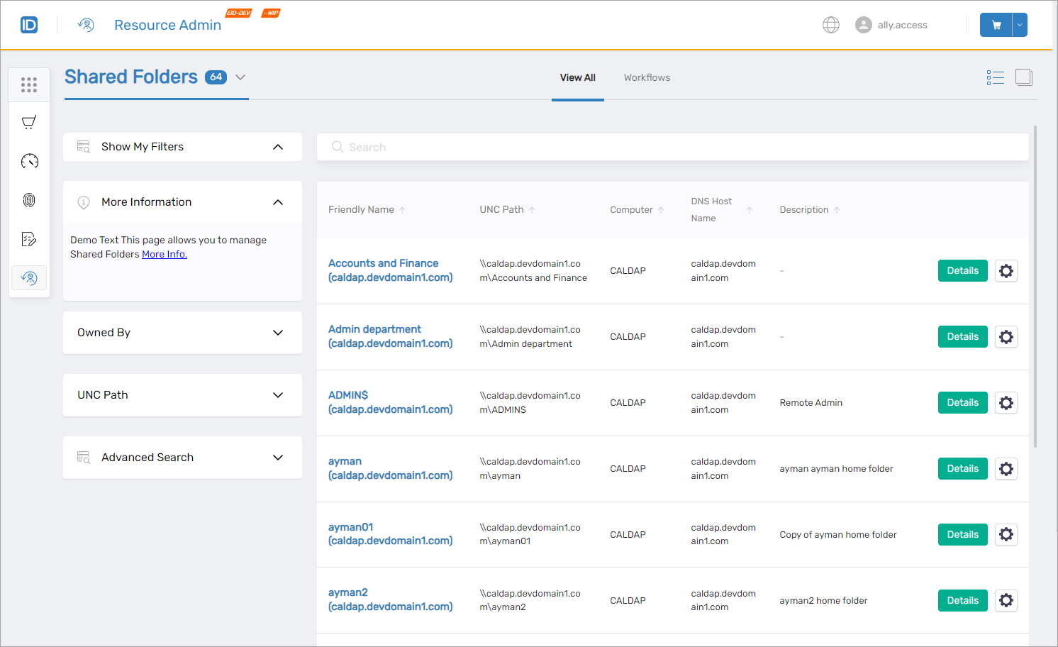 Shared folder management interface
