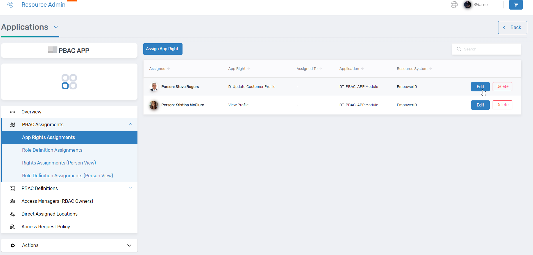 App Right management interface