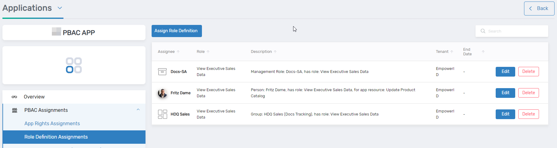 Role Definition assignments interface
