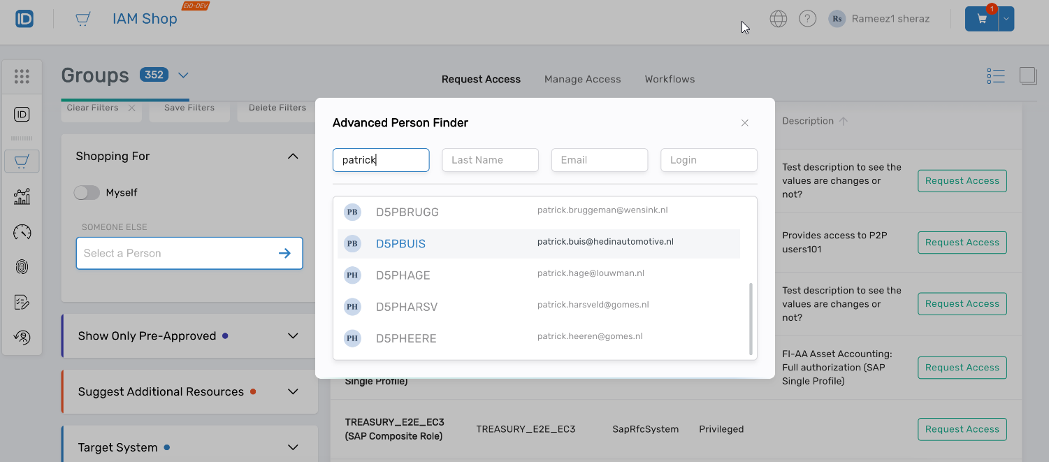 Person search interface in IAM Shop