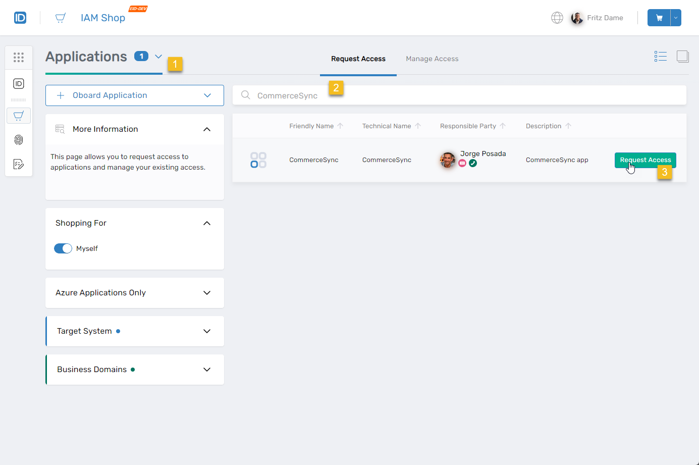 IAM Shop application with Request Access button