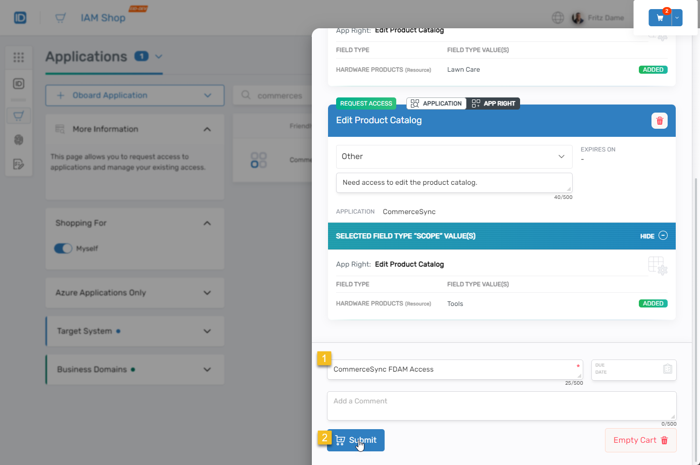 Request submission with business request name