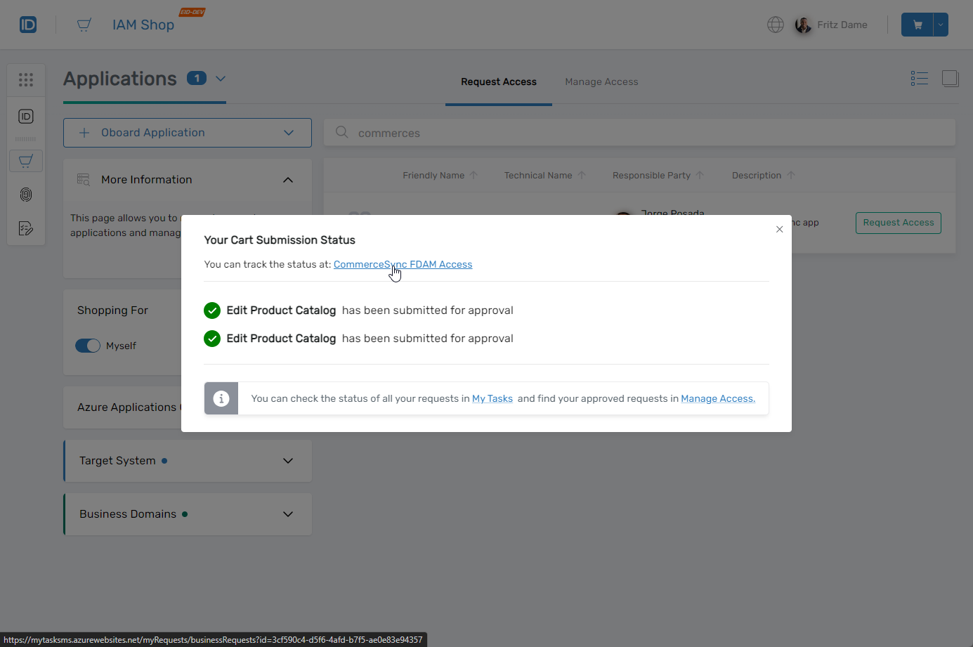 Request submitted for approval status