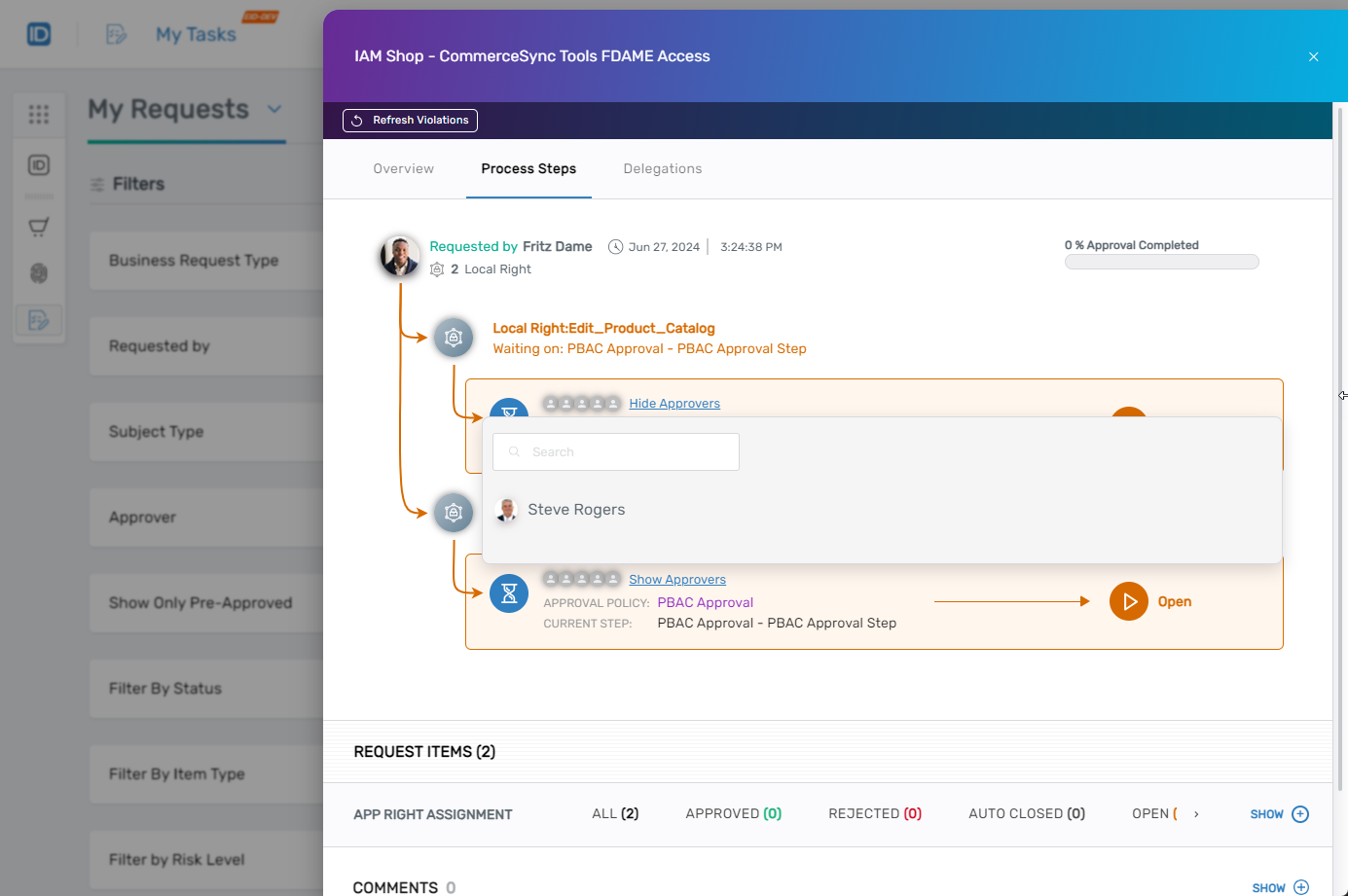 Process Steps showing PBAC approvers