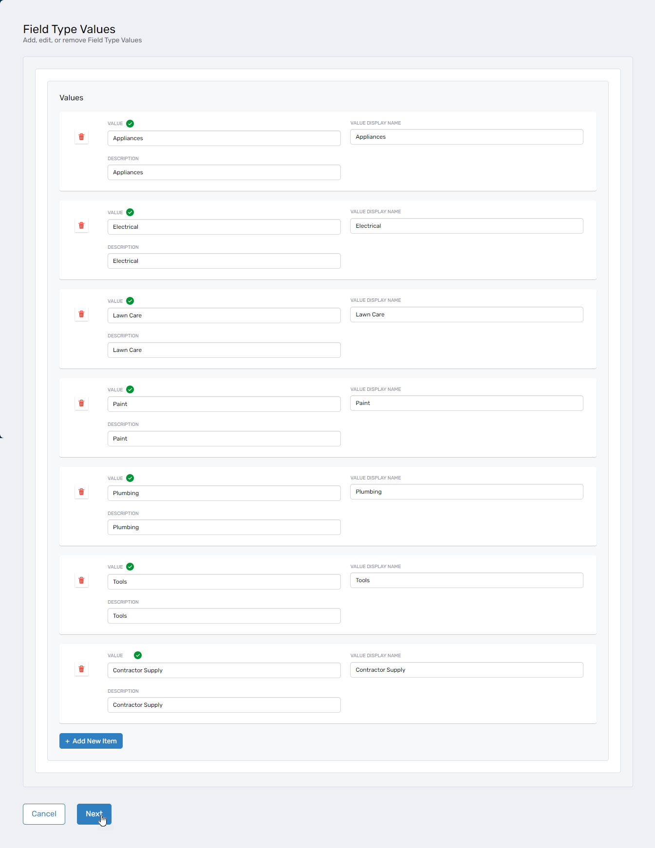 Field type values entered