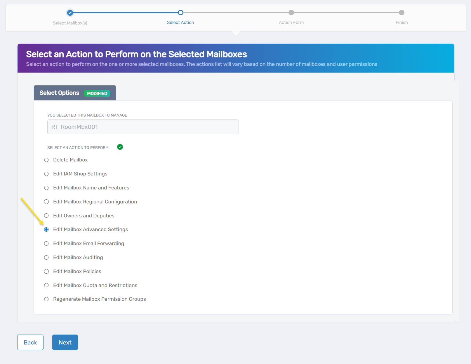 Edit Mailbox Advanced Settings Action