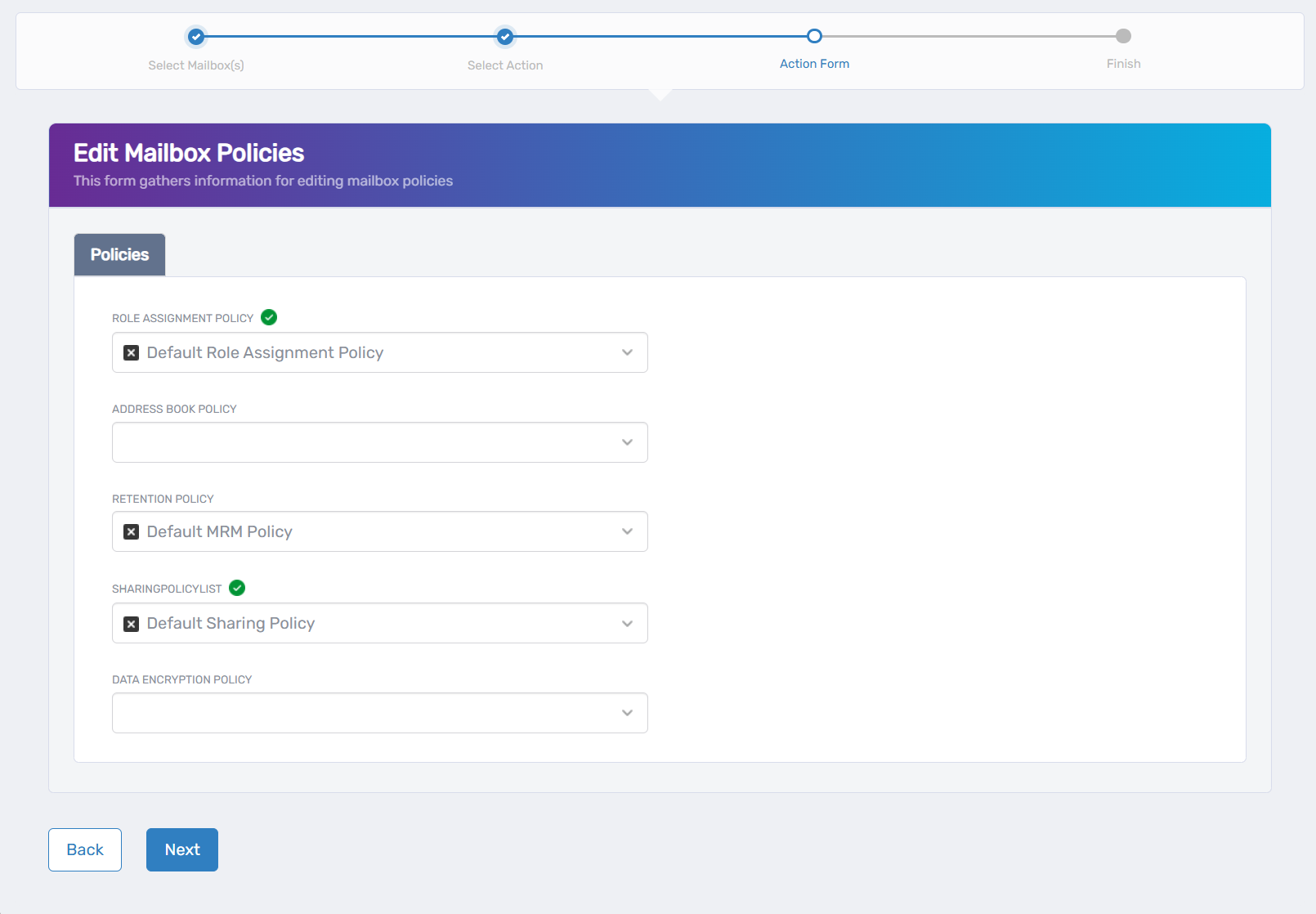 Edit Mailbox Policies Form