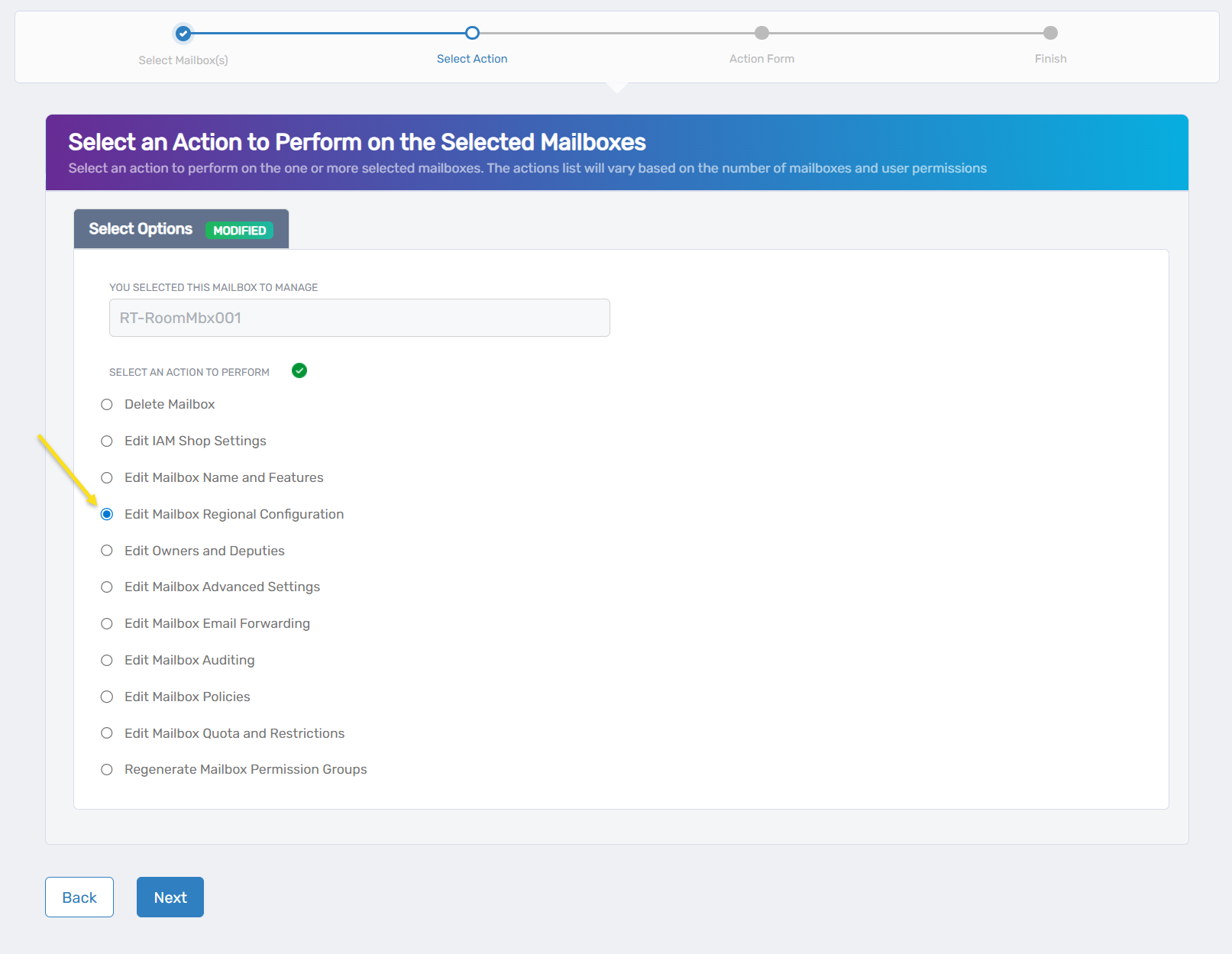 Edit Mailbox Regional Configuration Action