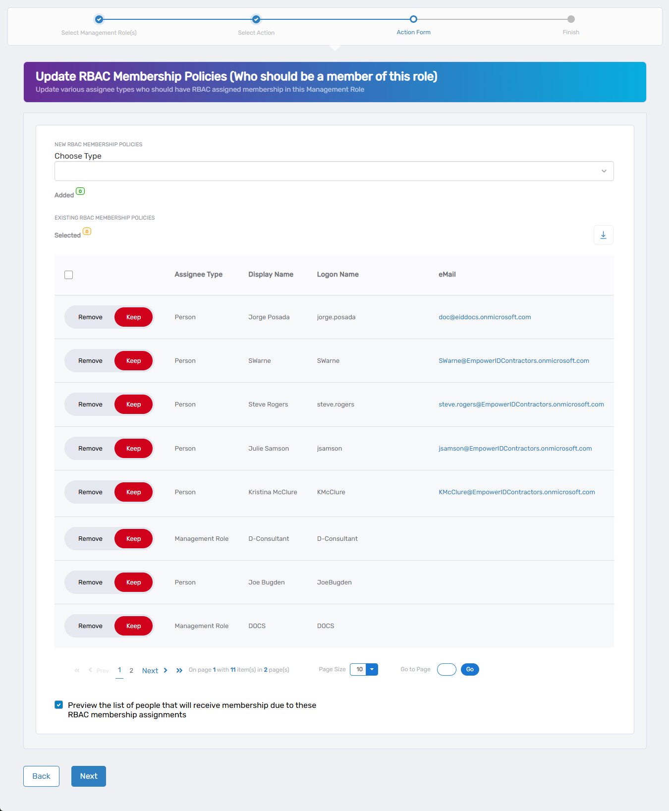 Edit RBAC Membership Policies Form