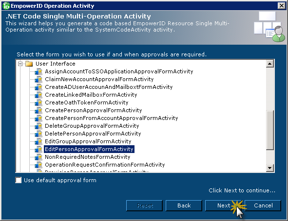 Operation activity wizard form selection
