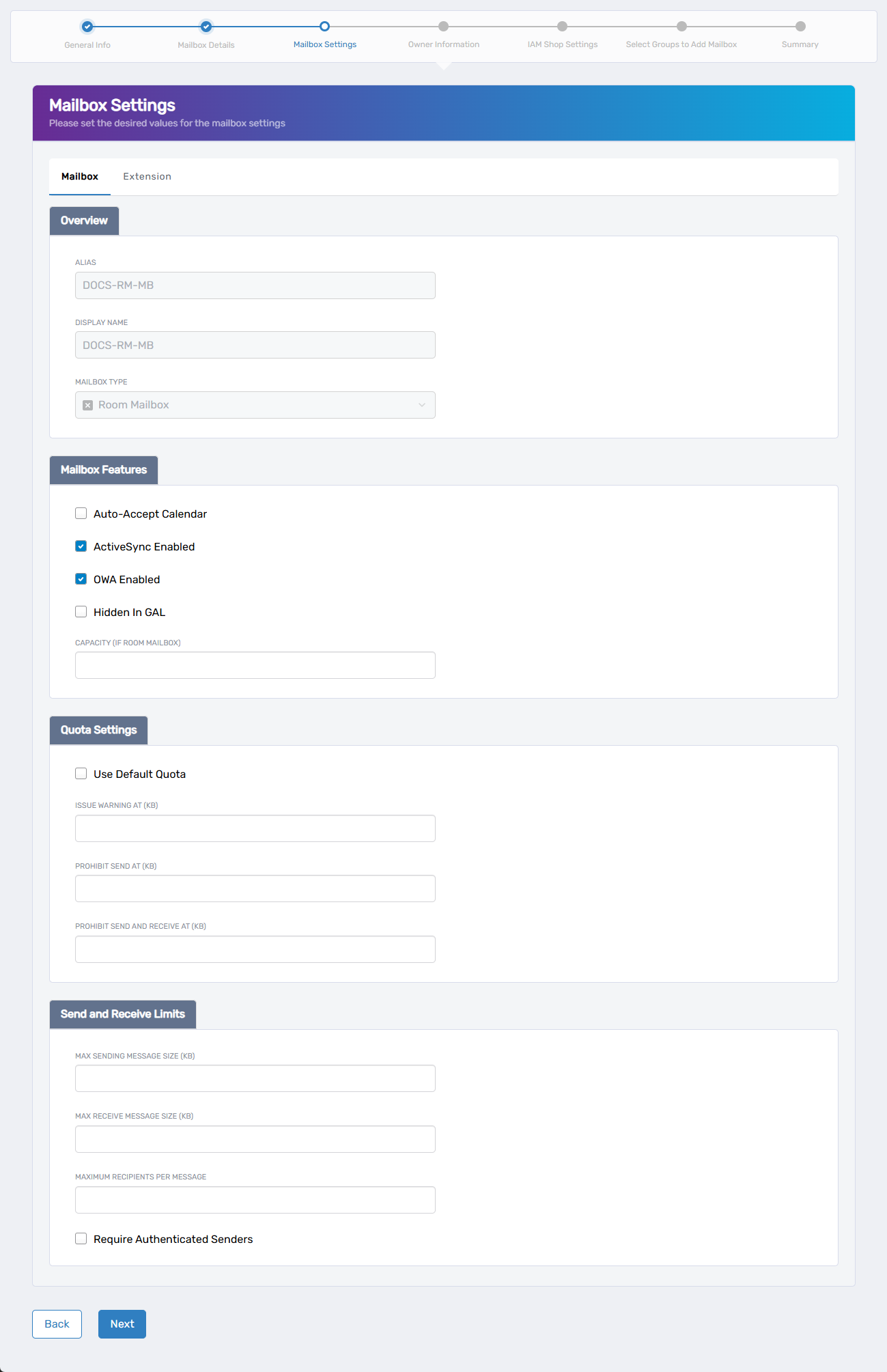 Mailbox Settings form