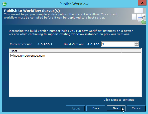Publish workflow wizard step 2