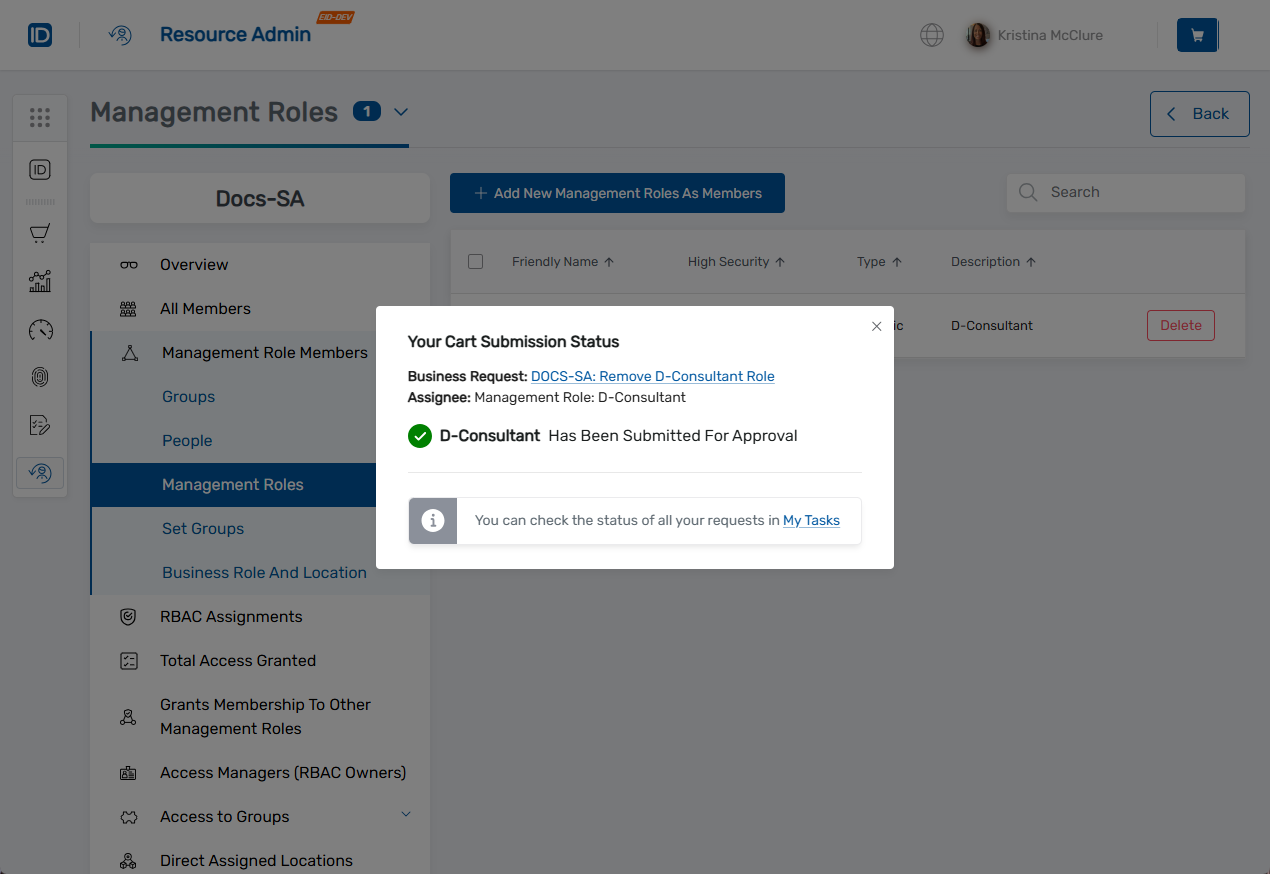 Remove Role from Management Role Status Modal